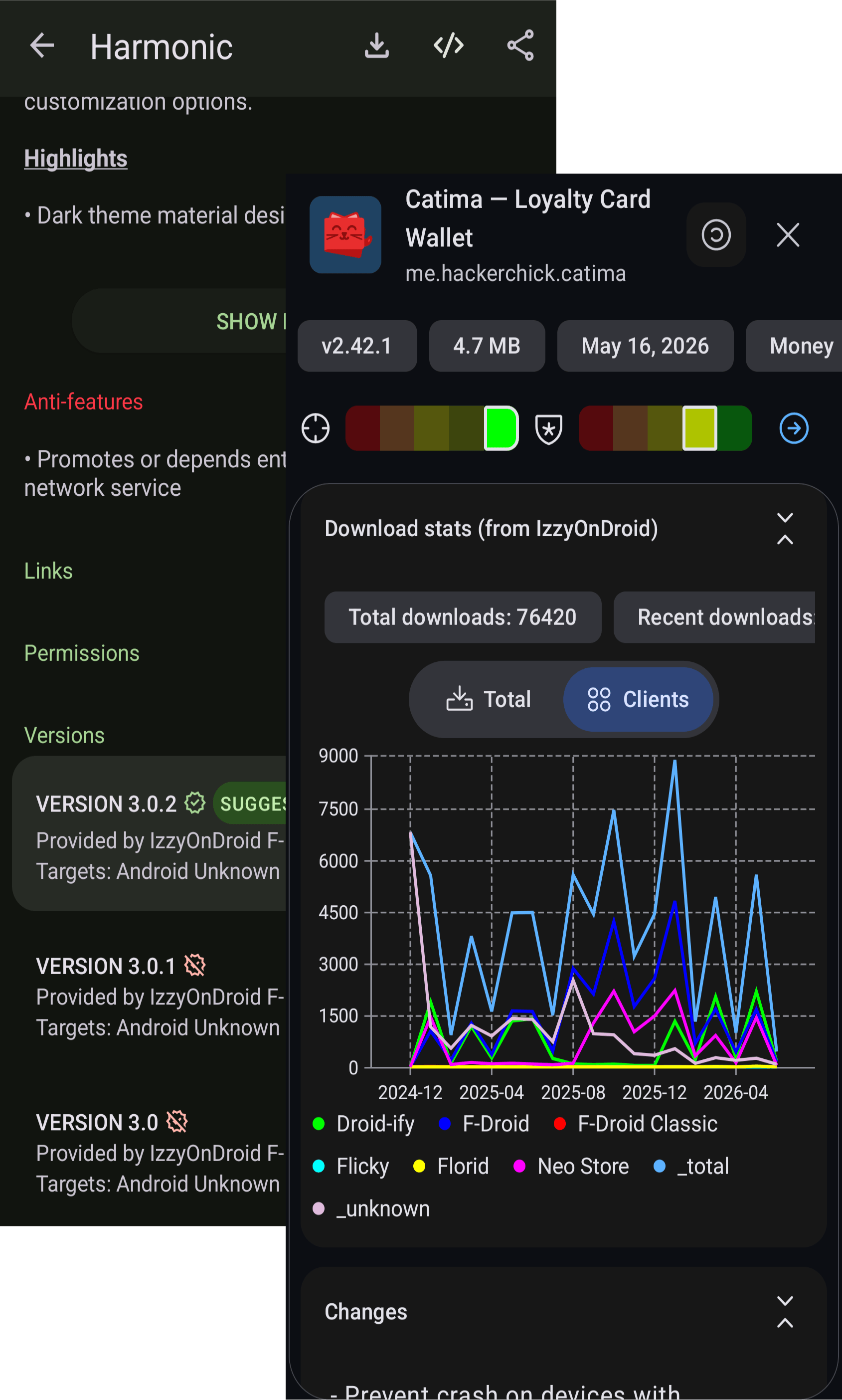 Droid-ify with reproducible build indicators and Neo Store with IoD download stats